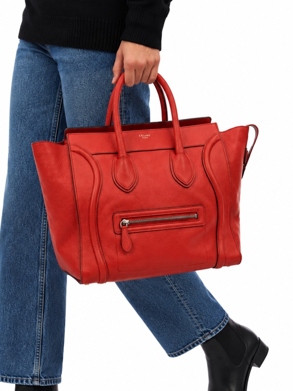 Celine Mini Luggage Tote Vermillion Drummed Calfskin Leather Bag